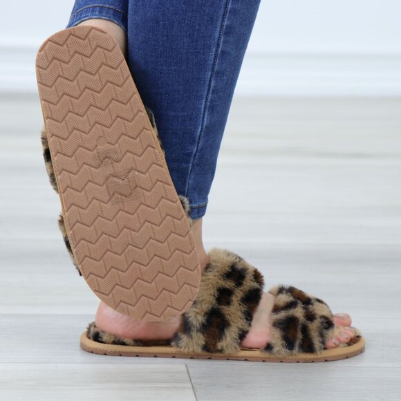 Leopard Tan Puff Fuzzy Fluffy Slip On Plush Slippers Double Strap - Picture 8 of 16